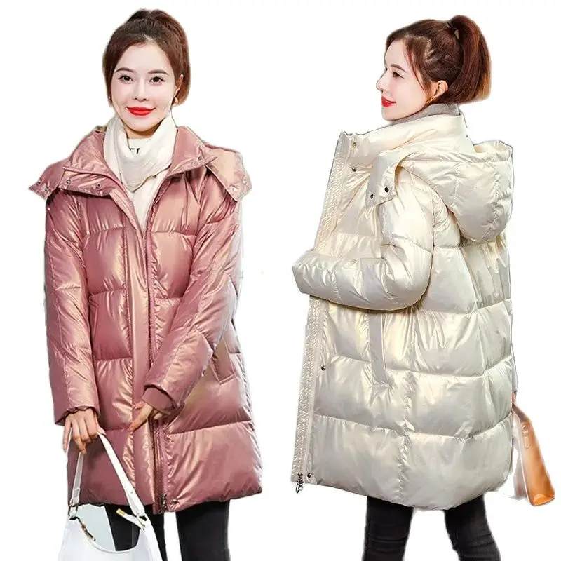 

2023 Shiny Medium Length Down Cotton Coat Thickened New Women's Parkas Hooded Winter Loose Coat Winter Jacket Outerwear M-3XL