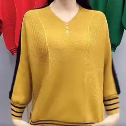 Solid Color Spliced Knitted Shirt Female Clothing Stylish Bright Line Decoration Spring Autumn Basic Casual V-Neck Loose Blouse