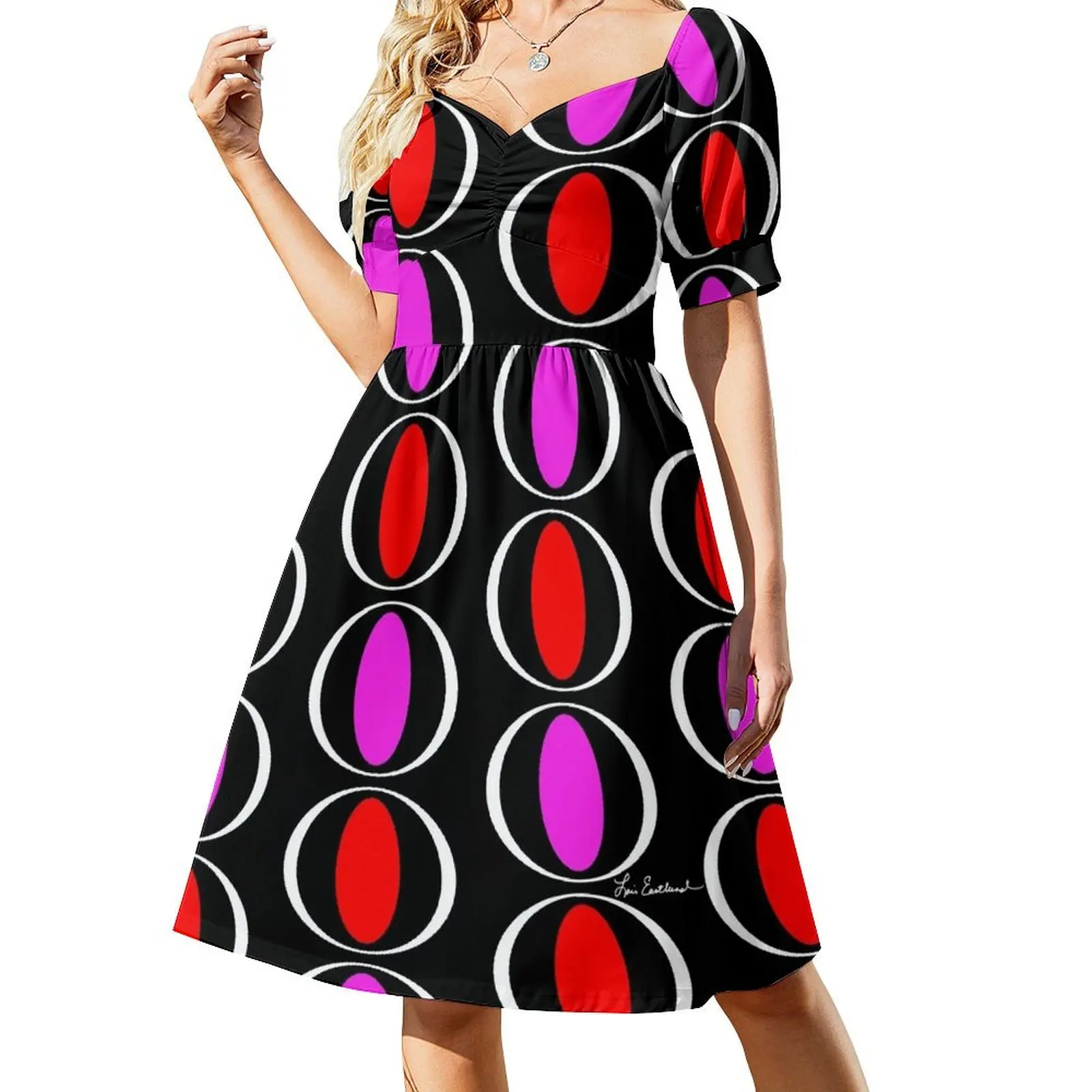 

Red Pink Mod Circles Short Sleeved Dress cocktail dresses dress women elegant luxury Dress