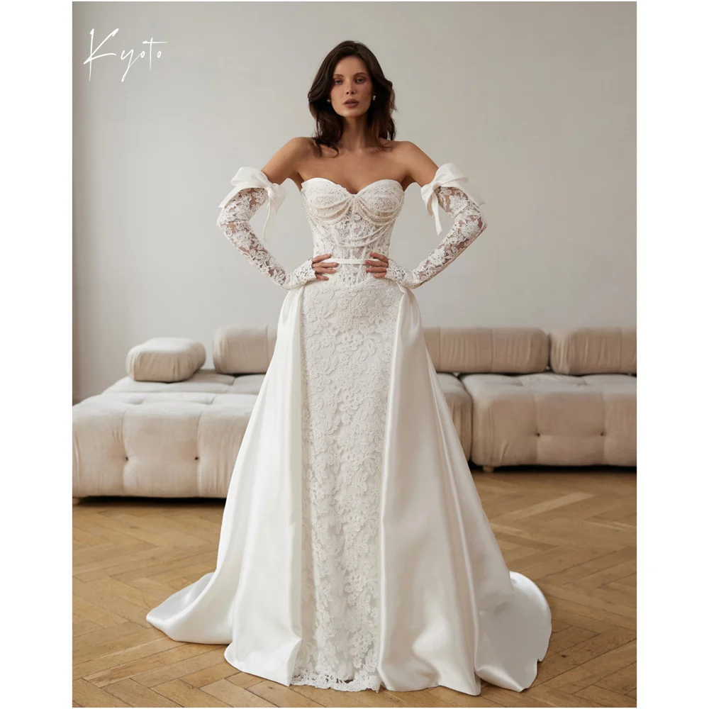 

Kyoto Customized Lace Appliques A-Line Pearl Chain Wedding Dress Bow Lace Sleeves vestidos de novia Long Train Evening Dresses
