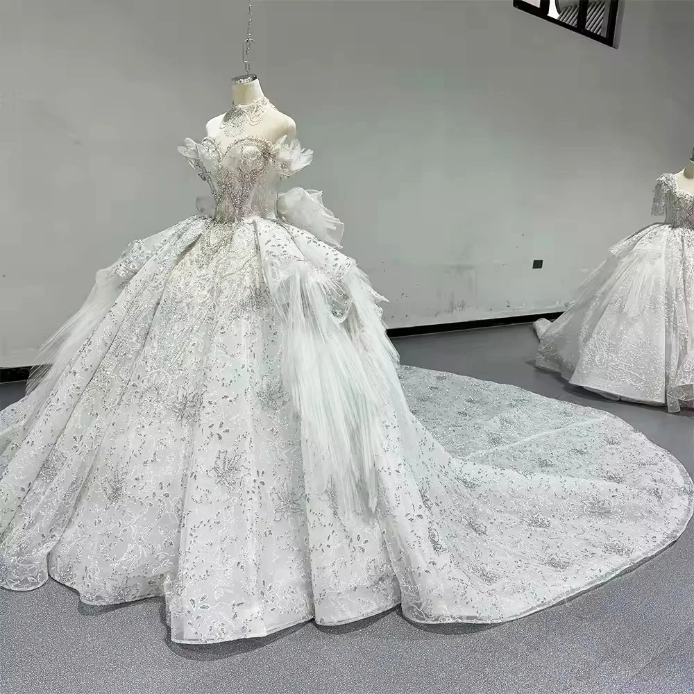 Vestidos Elegantes femeninos con hombros descubiertos, escote en forma de corazón, lazo con cuentas, vestido de novia de cristal, vestido de baile, vestido de novia largo de encaje