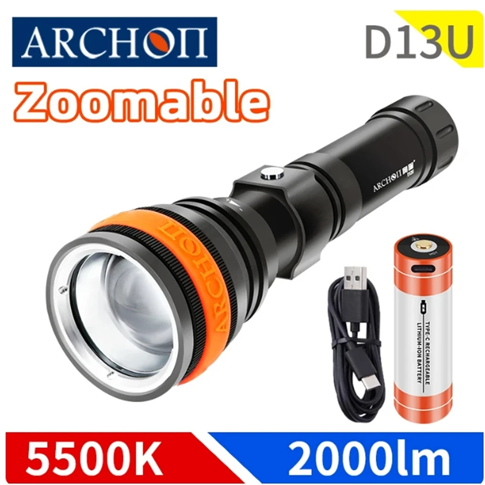 Archon D13U Zoomable LED Scuba Diving Torch Lantern 100m Underwater Flashlight with 21700 Battery