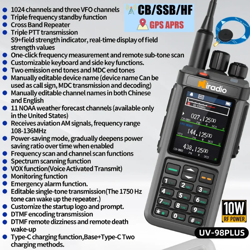 راديو iradio UV-98 GPS APRS ثلاثي الاستعداد AM/CB/SSB HF HAM مع 1024 قناة AM LW MW SW UHF VHF RX TX، هوائي مزدوج
