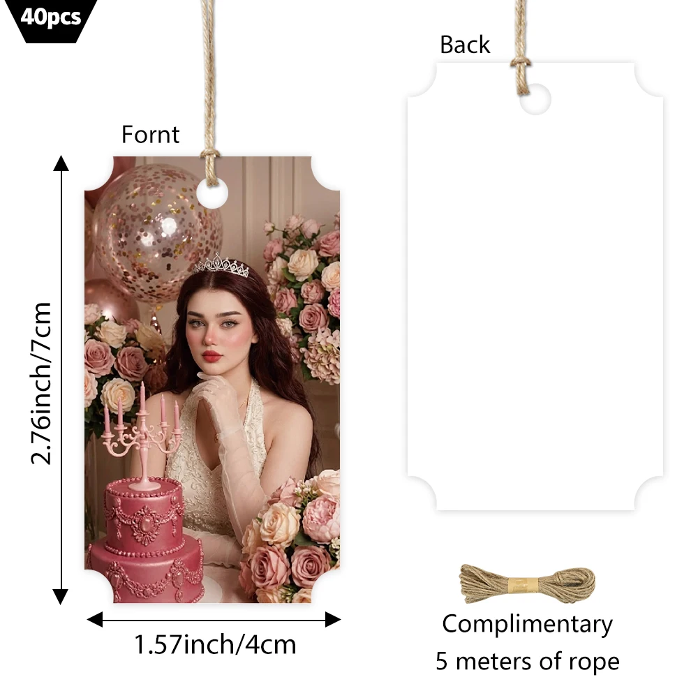 40pcs, Custom Image Tags, Personalized Photo Rectangle Gift Tags, Blank Back Labels with 5m Rope, Birthday Party Favor