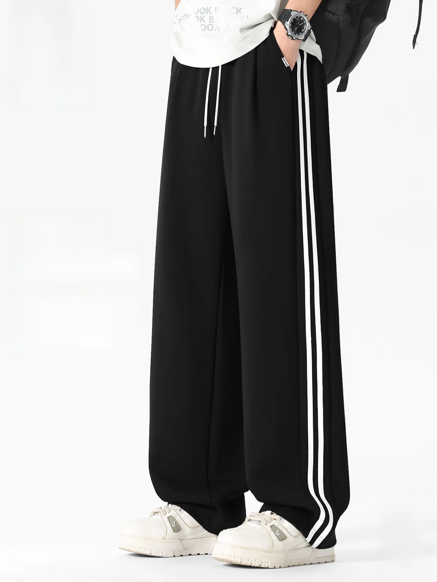 

Мужские спортивные брюки Heavyweight: повседневные, с черными полосками, длинные, прямого кроя, из хлопка, для весеннего уличного стиля