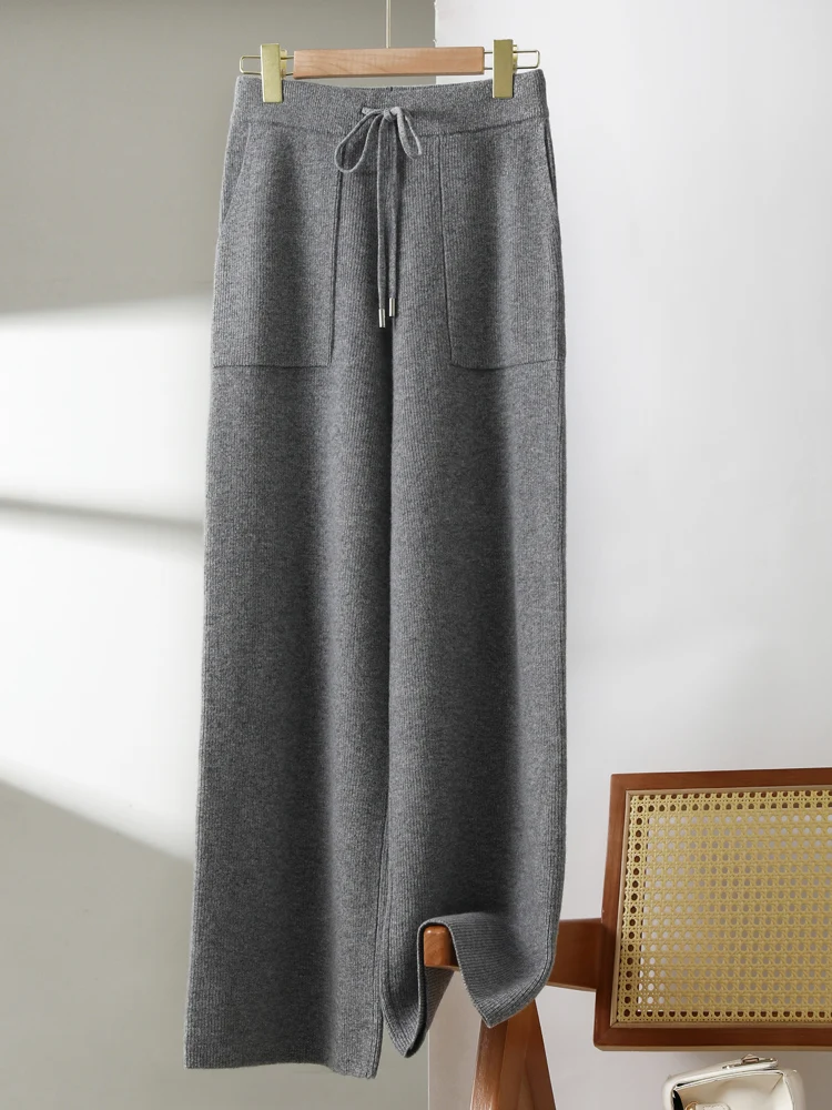 Autumn Winter New 100% Pure Wool Wide Leg Pants Ladies Thicken Pocket Straight Pants Casual High Waist Warm Knit Trousers Female