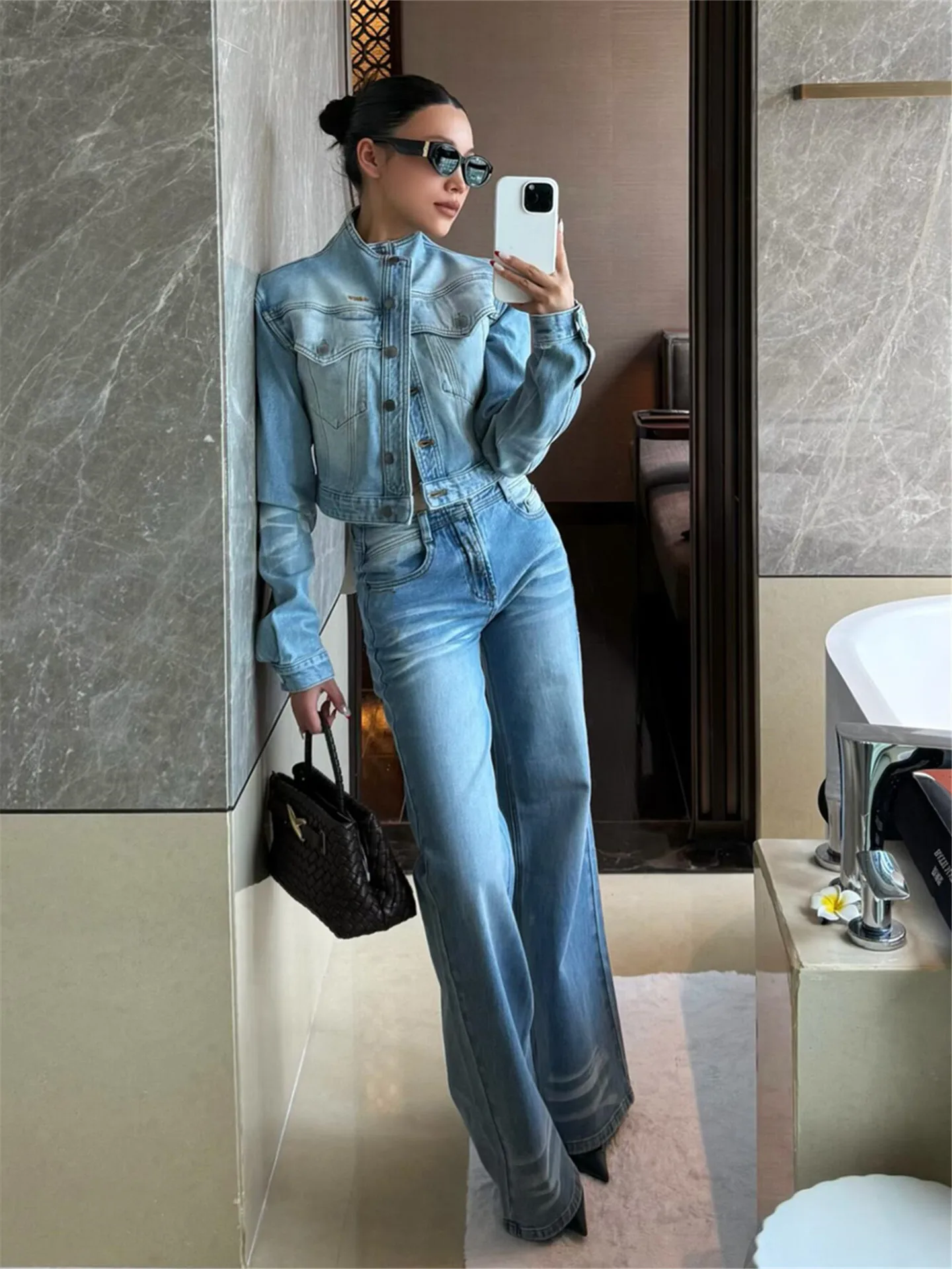 

American Retro Patchwork Loose Fit Light Blue Bell Bottom Jeans Women's Spring Wide Leg Pants Slimming High Waist Jeans