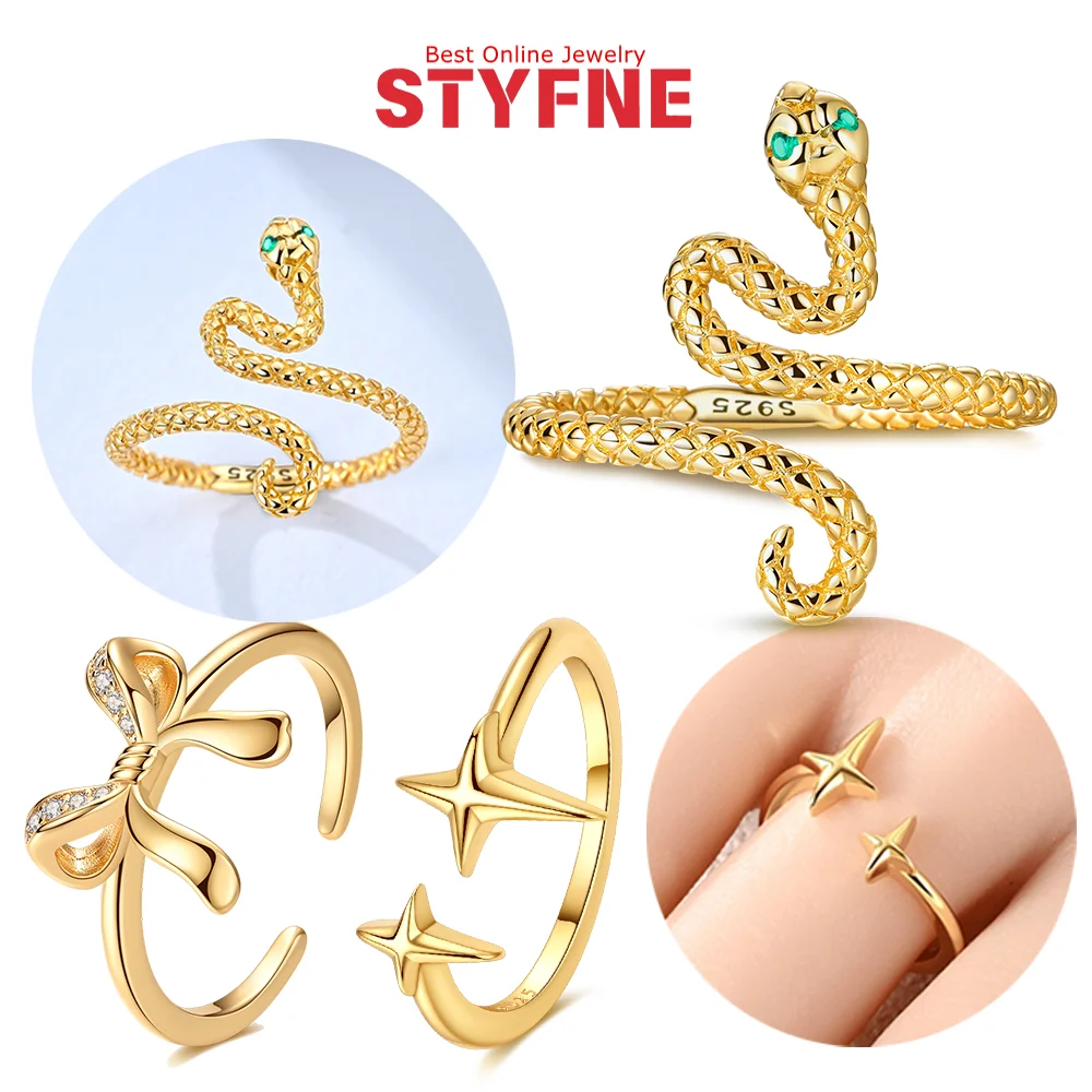 

Gold Ring 925 Silver King Snake Bow Lucky Star Opening Ring for Women Fine Engagement Wedding Jewelry Birthday Anniversary Gift