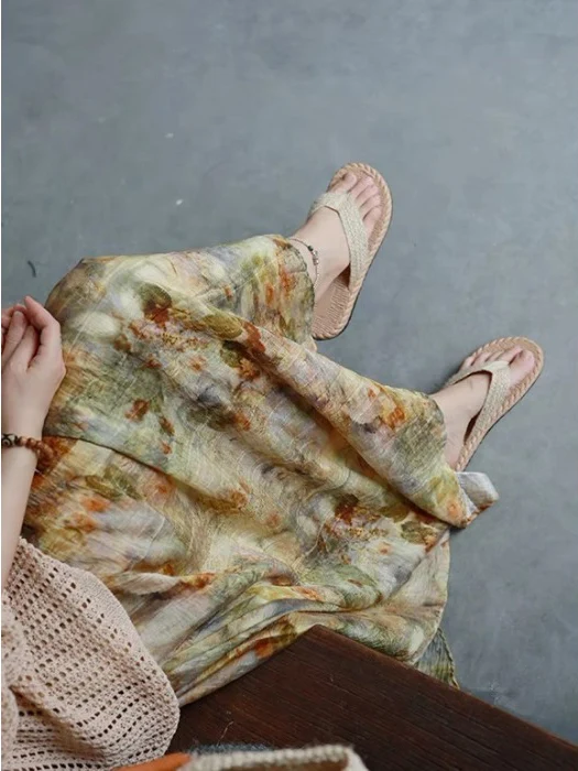 Elegant Plant Imitation Printing Maxi Skirt with Drawstring Elastic Waist Slimming Floral A-Line Skirt for plus Size Women image 3