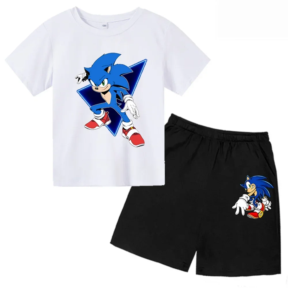 New Cartoon Sonic T-Shirt+shorts 2pcs Set Boy Girl Teenager Summer Short Sleeve Casual Sport Children Tee Shirt Set Baby Clothes