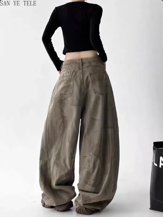 الهيب هوب سكين منحني واسعة الساق الجينز النساء الرجعية القذرة مصبوغ مطبوعة واسعة الساق فضفاضة عادية Y2K موضة الشارع عالية الخصر السراويل