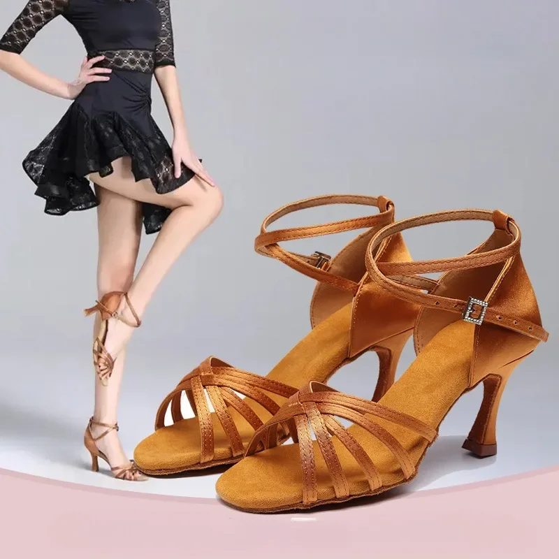 women latin dance shoes for adult girls mid heeled soft soled silk high heels cha cha/samba/tango/rumba/modern/salsa dance shoes