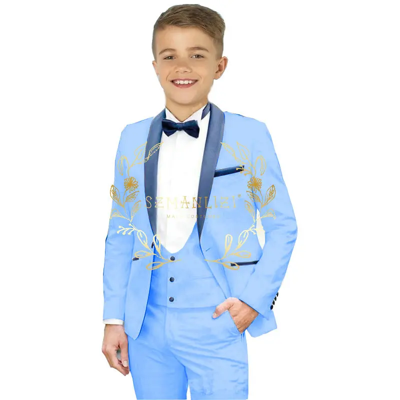 Boys Light Blue Tuxedo Wedding Stage Show Dress 3 Piece Pants+Vest+Blazer Formal Party Jackets Kids Fashion Clothes Shawl Lapel