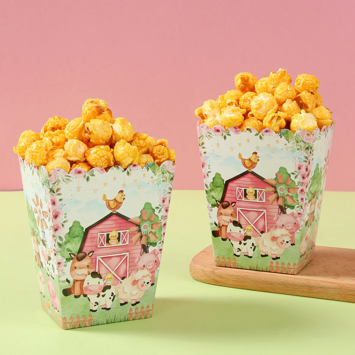 Scatole per popcorn per feste a tema animali da fattoria Scatole per caramelle Decorazioni per feste in fattoria Baby Shower Bambini Ragazze Compleanno Forniture per feste di matrimonio