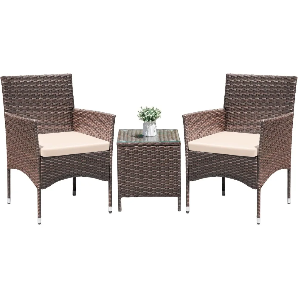 

3 Pieces Patio Dining PE Rattan Wicker Chair Furniture Set with Cushion and Glass Coffee Table for Outdoor Garden Backyard Pool