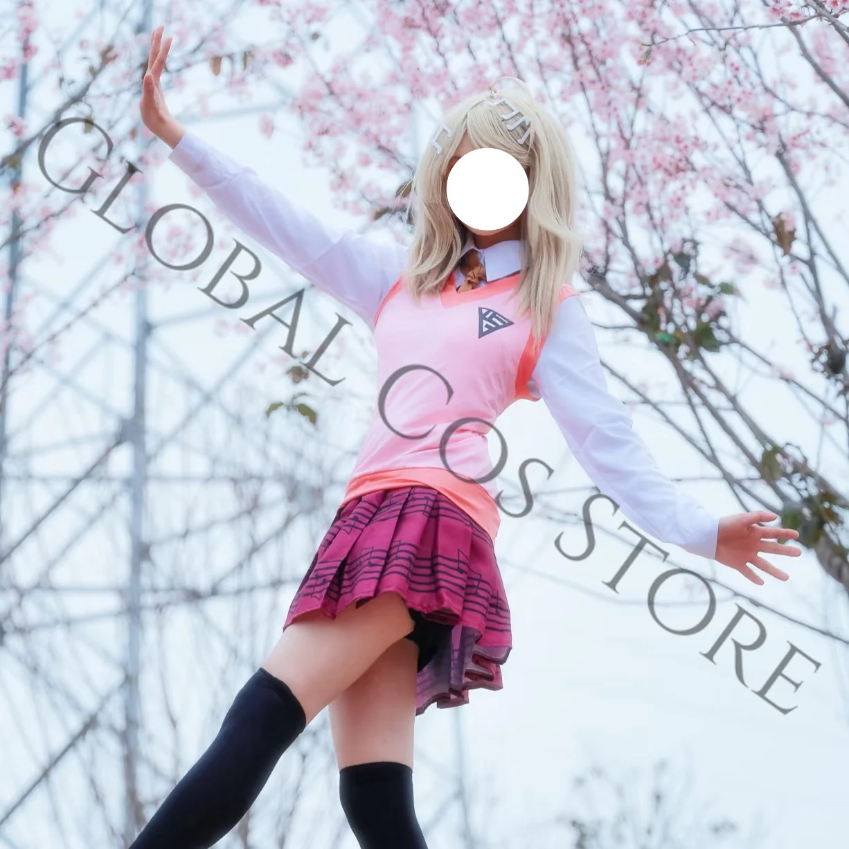 Kaede Akamatsu Pink JK Unifrom Cosplay Costume Set with Brown Tie Black Socks Tie and Wig Set for Comic Con Roleplay Danganronpa - view 5