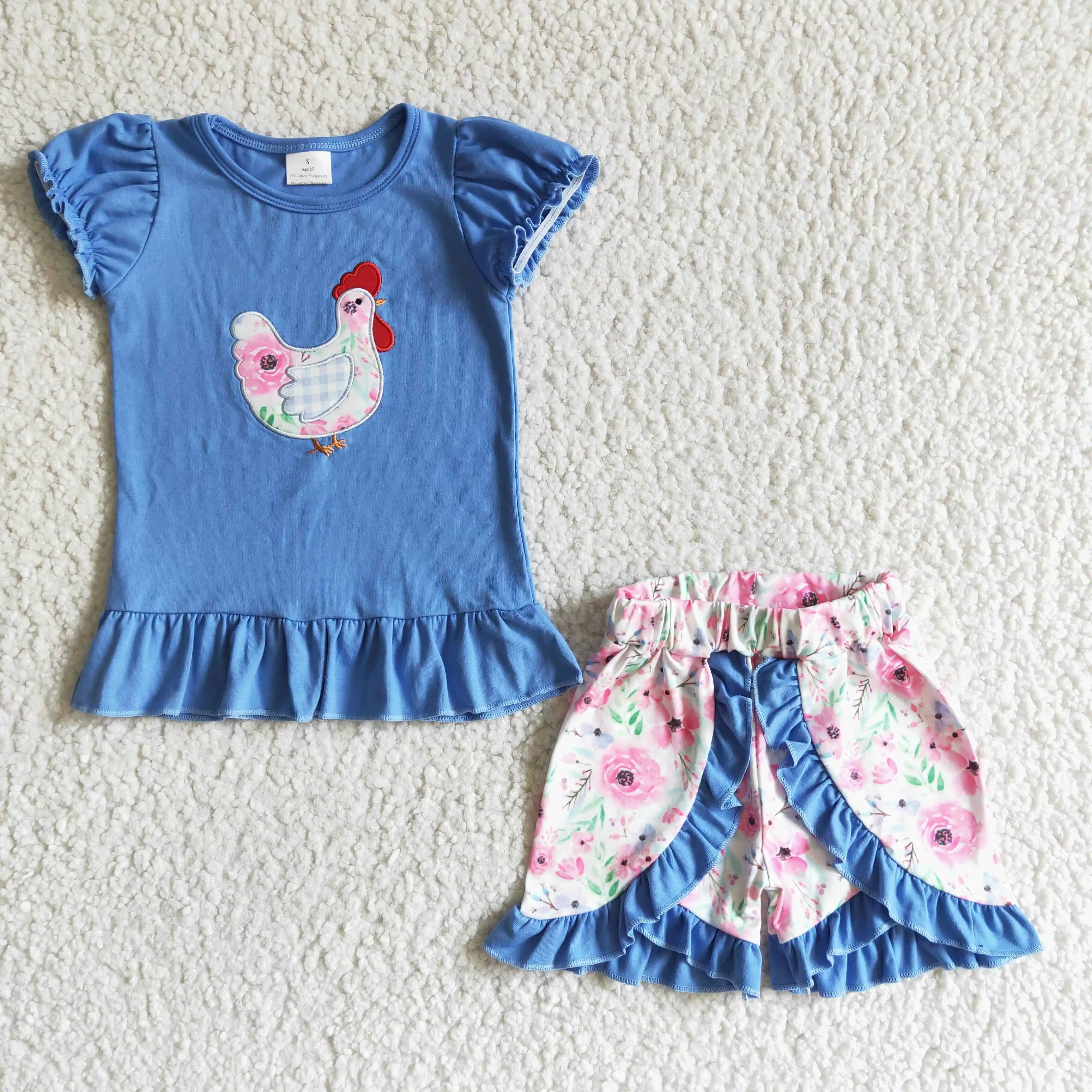 

Wholesale Blue T Shirt Kids Floral Summer Apparels Toddler Chicken Outfit Boutique B​aby Embroidery Clothes Sets