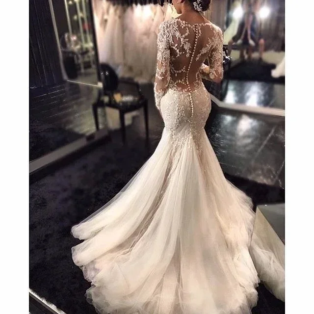 Vestidos De novia De sirena De manga larga elegantes personalizados bata transparente De Mariee ilusión espalda vestidos De novia hechos a medida