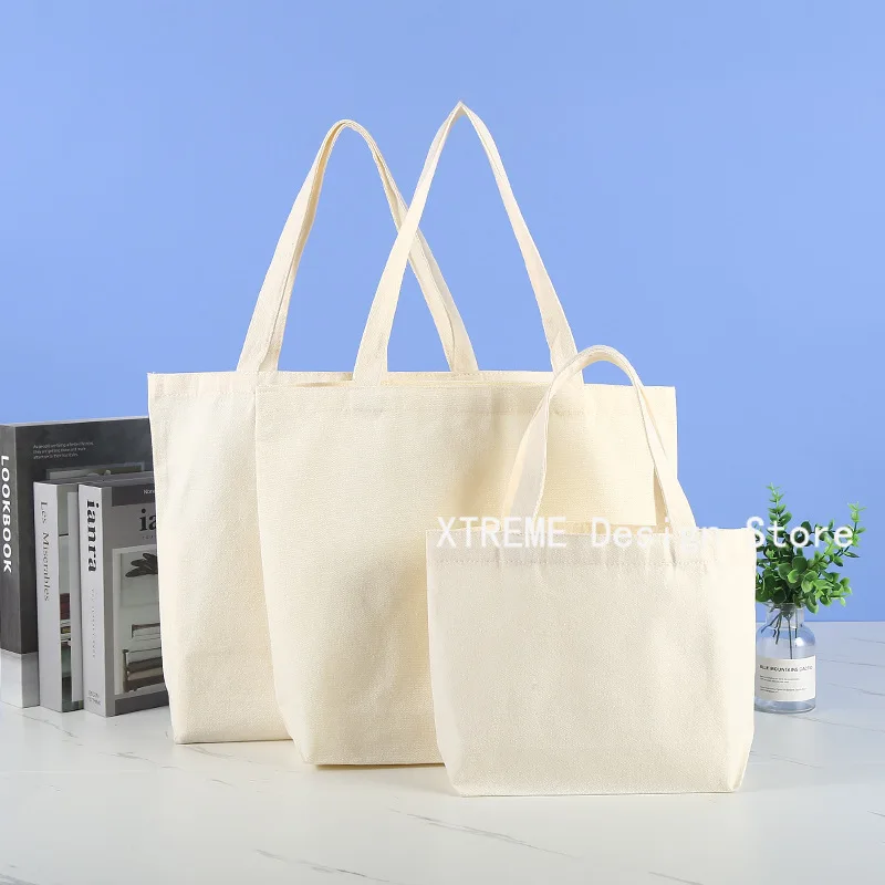 Large Capacity Canvas Shoulder Handbag Folding Eco-Friendly Cotton Tote Bags Reusable DIY Shoulder Bag Grocery Bag Beige White