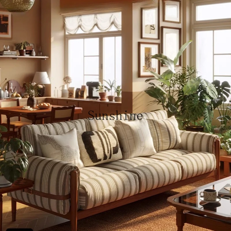 

French solid wood, retro living room modern, three-person fabric sofa removable and washable