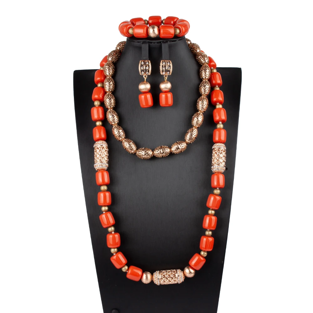 New Double Layers Nigerian Wedding Costume Jewelry Set Artificial Coral African Beads Jewelry Set Metal Necklace  ABS194