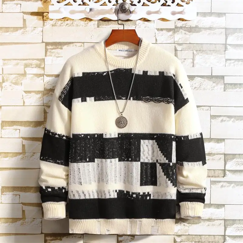 

Men's Oversize 300 Pou American Retro Striped Knitwear round Ne Pullover Winter Faion High Street Brand Sweater