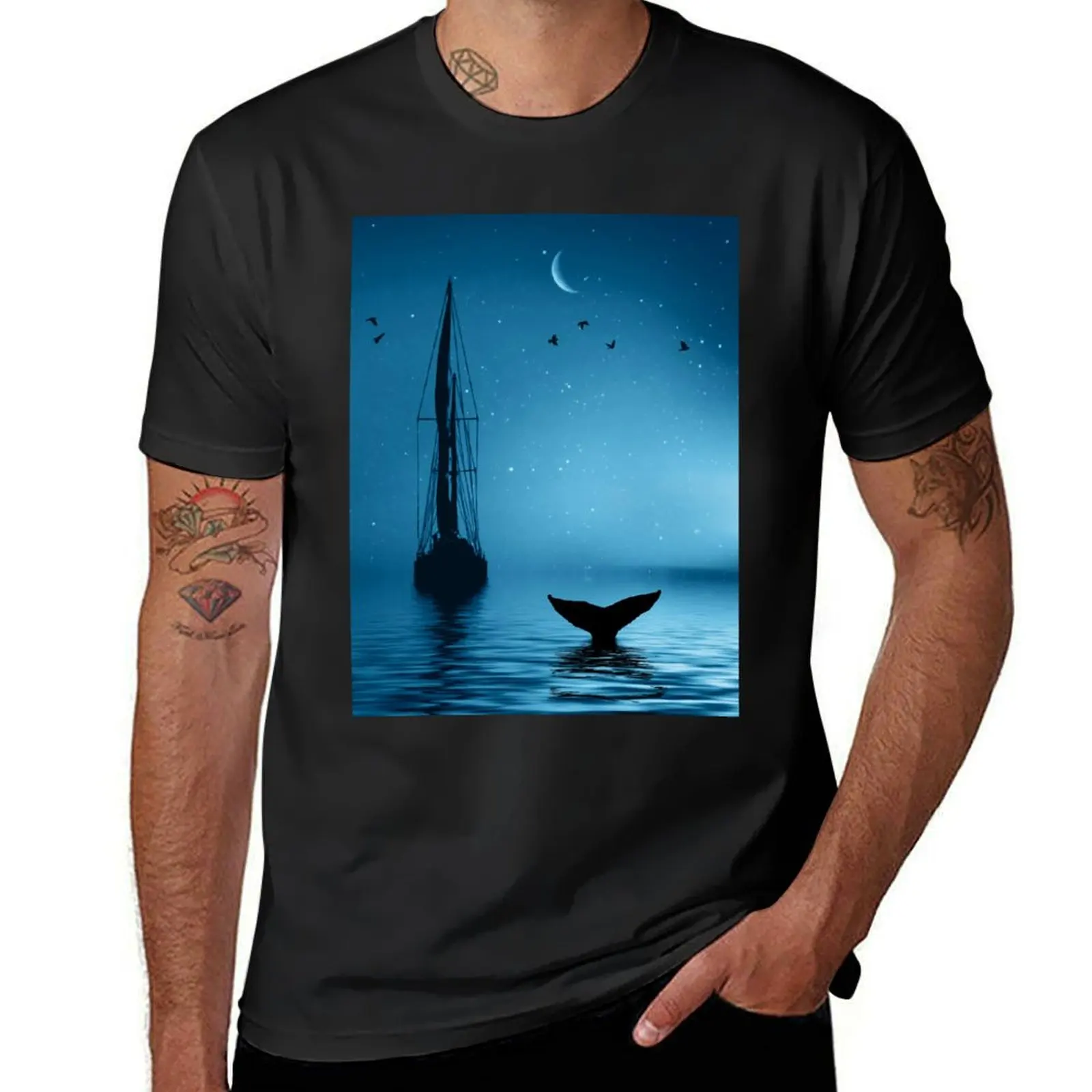 Sailboat and Whale's Tail with Crescent Moon and Birds T-Shirt sweat hippie clothes sublime tshirts for men