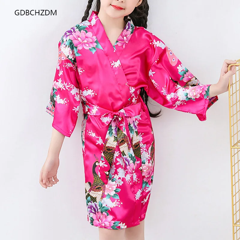 Girl Sleepwear Kimono Robe Wedding Party Flower Baby Nightdress Floral Bath Towel New Fashion Night Play Silk Satin Bathrobe Kid