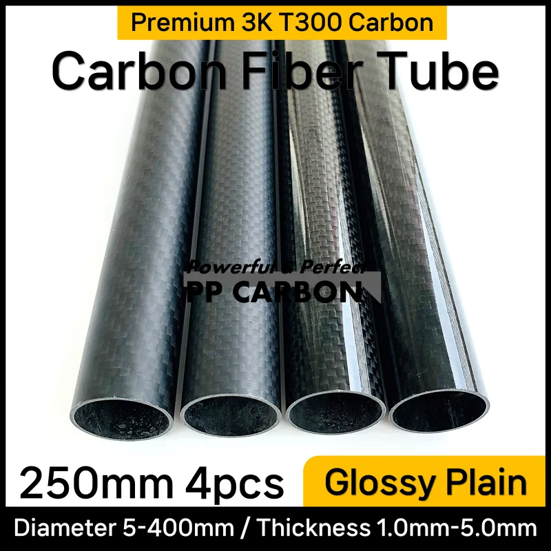 lot/4pcs 250mm Carbon Fiber Tube Glossy Plain Weave 3K Full Carbon Hardness Composite Material for RC Airplane Parts OD 6-40mm