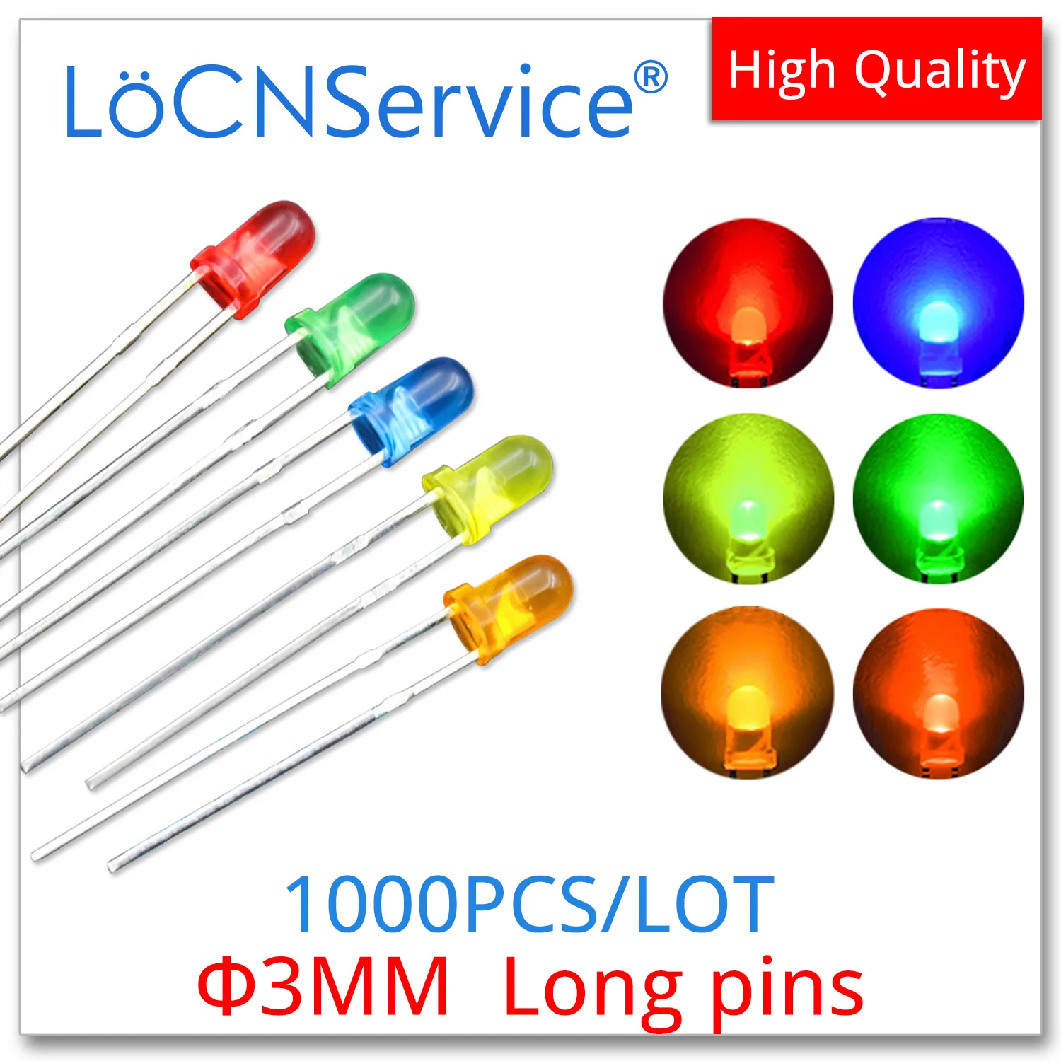 LoCNService 1000PCS 3mm F3 빨간색 파란색 녹색 노란색 주황색 DIP LED 긴 핀 25-27mm 고품질 구슬 발광 다이오드 타원형