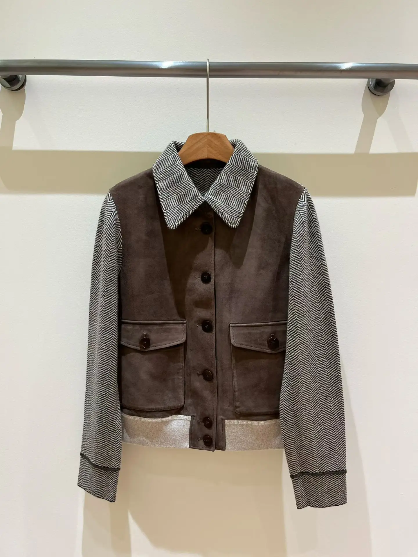 2026 Autumn/Winter New High-Quality Fashionable Casual Commuter Jacket, Women's Herringbone Fabric Patchwork