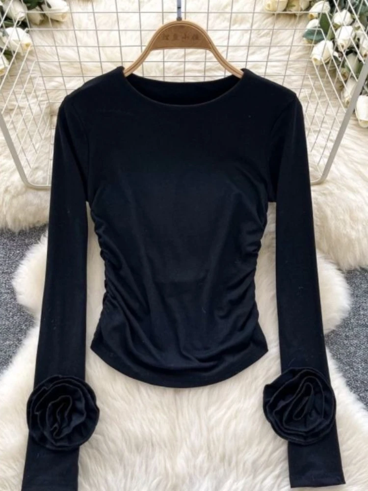 Long Sleeve 3d Flower T-shirt Women Clothing Tunic Solid Colot Korean Tees 2026 Ropa Mujer Fashion Slim Fit Pleated Y2k Tshirts