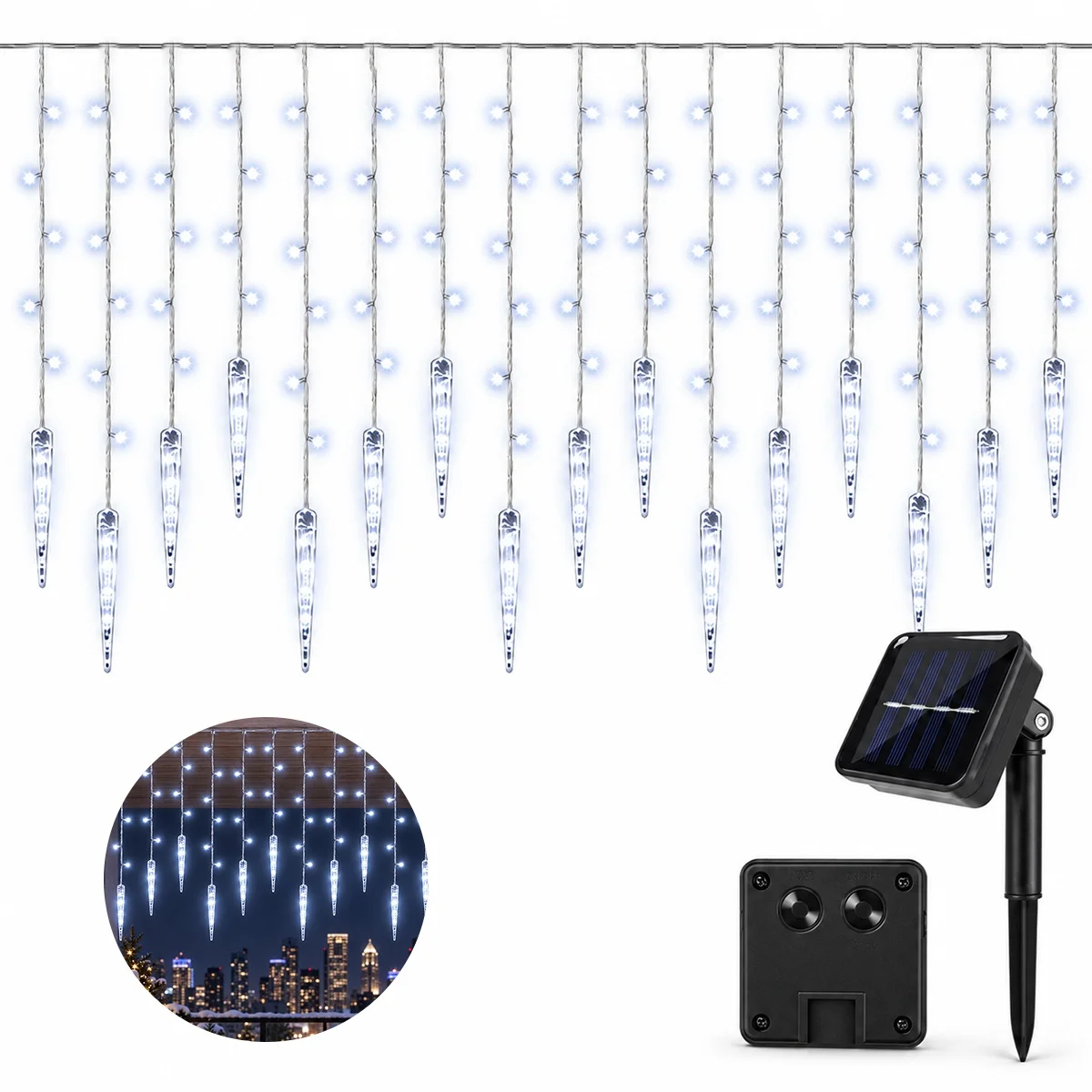 1pc Solar Christmas 96 LED Icicle Lights Curtain String Lights with Ice Drop 8 Modes For Indoor Outdoor Xmas Holiday Party Decor