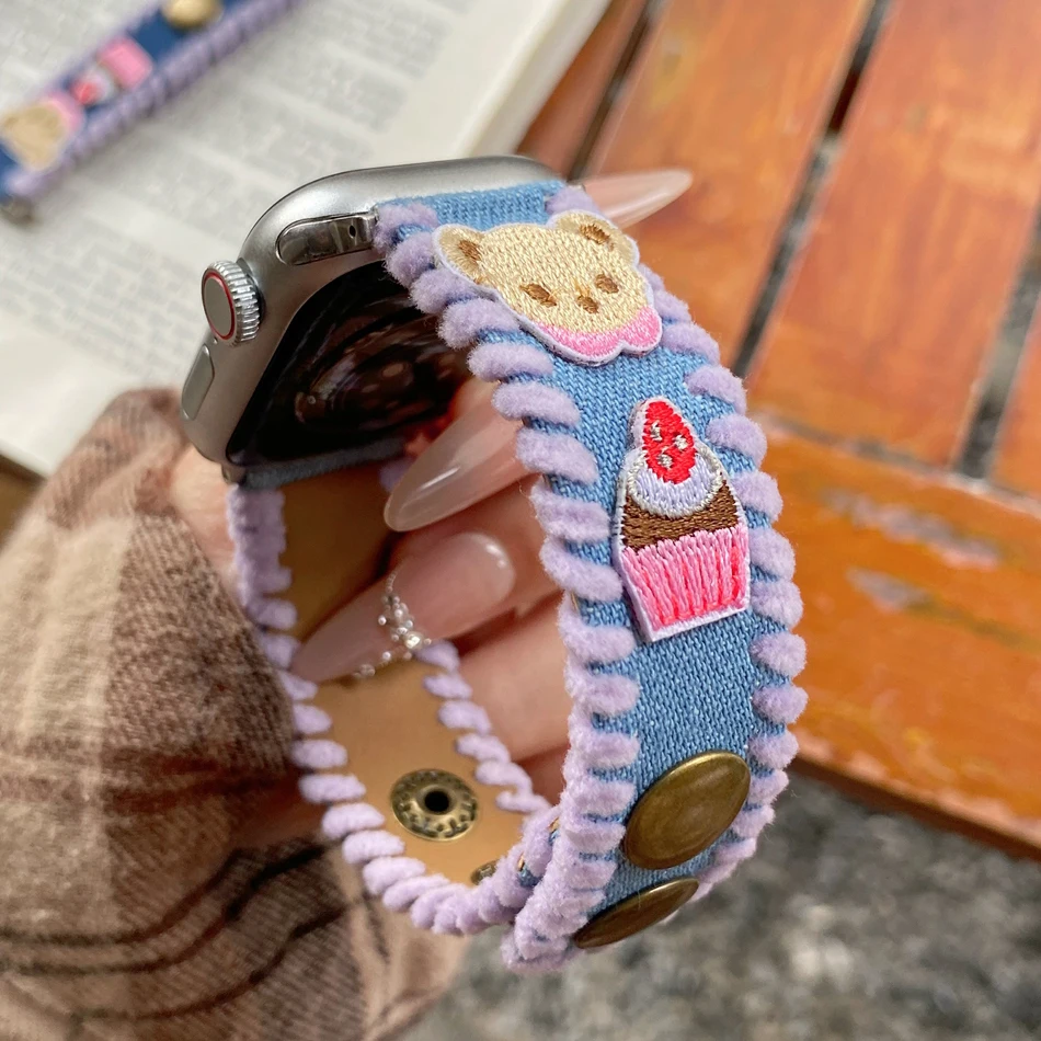 Cute Bear Rabbit Strap For Apple Watch Band 46mm 38 40 41 44 42 45 49mm Embroidery Bracelets iWatch Series 10 9 8 7 6 SE Ultra 2
