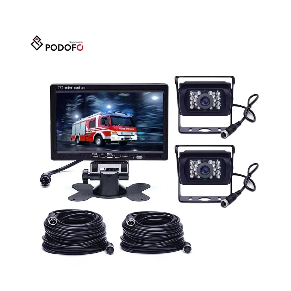 

Podofo 2 X Car Reversing Camera 4Pin 7" Car Backup Monitor Rear View Kit Parking System + 2x 10M Cable For RV Truck Bus Van