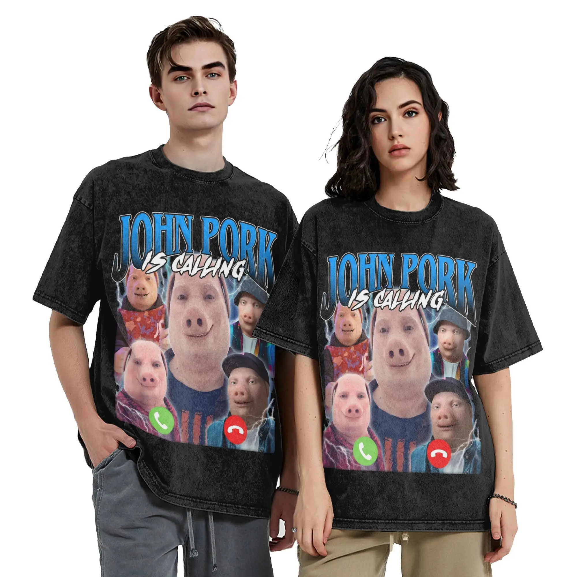 

Повседневная винтажная винтажная стираная футболка John Pork, мужские топы с круглым вырезом и короткими рукавами, хлопковые летние топы