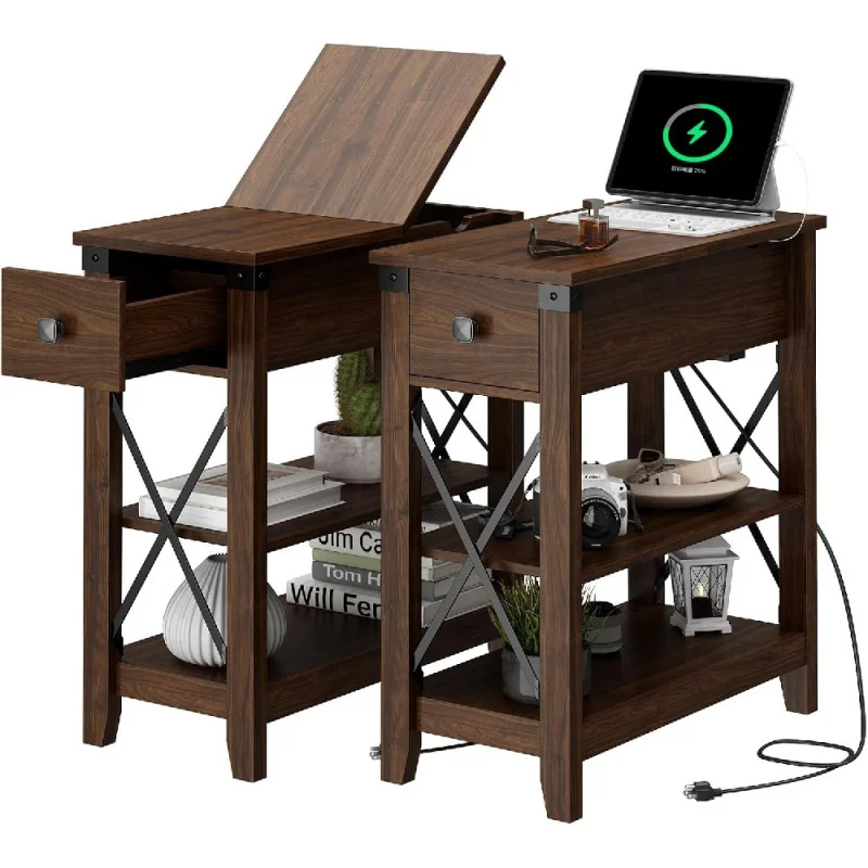 

End Table with Charging Station - Farmhouse Slim Side Table Set of 2, w/USB Ports Power Outlets, Nightstand w/Flip Top