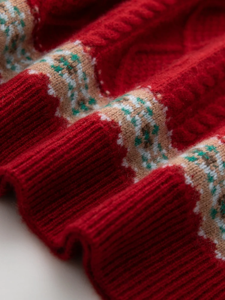 

TLOML New Women Vintage Cashmere Pullover Autumn Winter Thick 100% Cashmere Sweater Cable Knit Jacquard Knitwear Mock Neck Tops