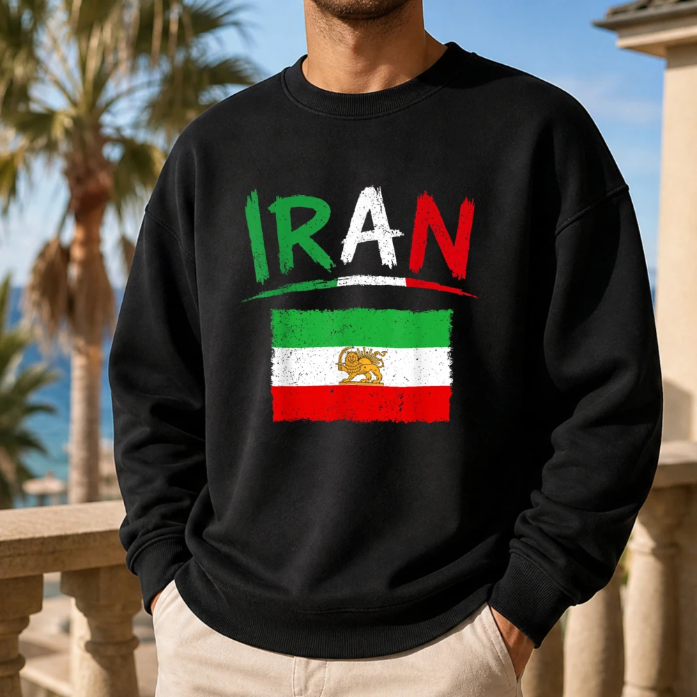 2026 IRAN Vintage Distressed Flag Letter Print Men Fall Winter Crewneck Pullover Retro National Pride Inspired Streetwear Attire