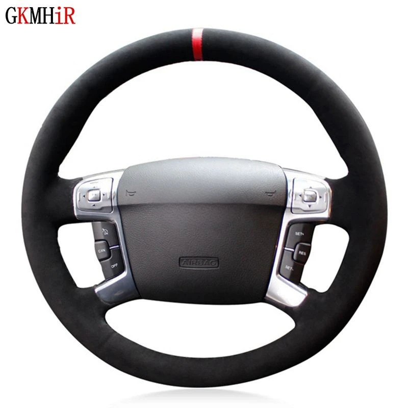 Black Genuine Leather Suede Red Marker Car Steering Wheel Cover For Ford Mondeo 2007-2014 Galaxy 2006-2015 S-Max 2006-2014