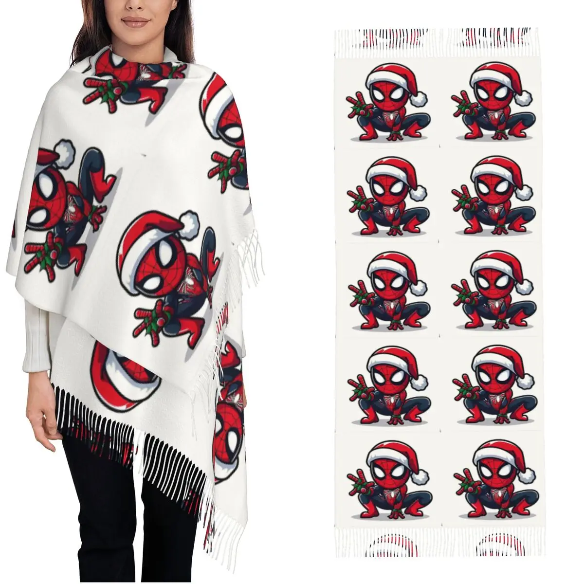 Spider-Man Superhero Christmas Shawls Wraps for Women Winter Warm Large Soft Scarf Cartoon Neckerchief Tassel Scarves