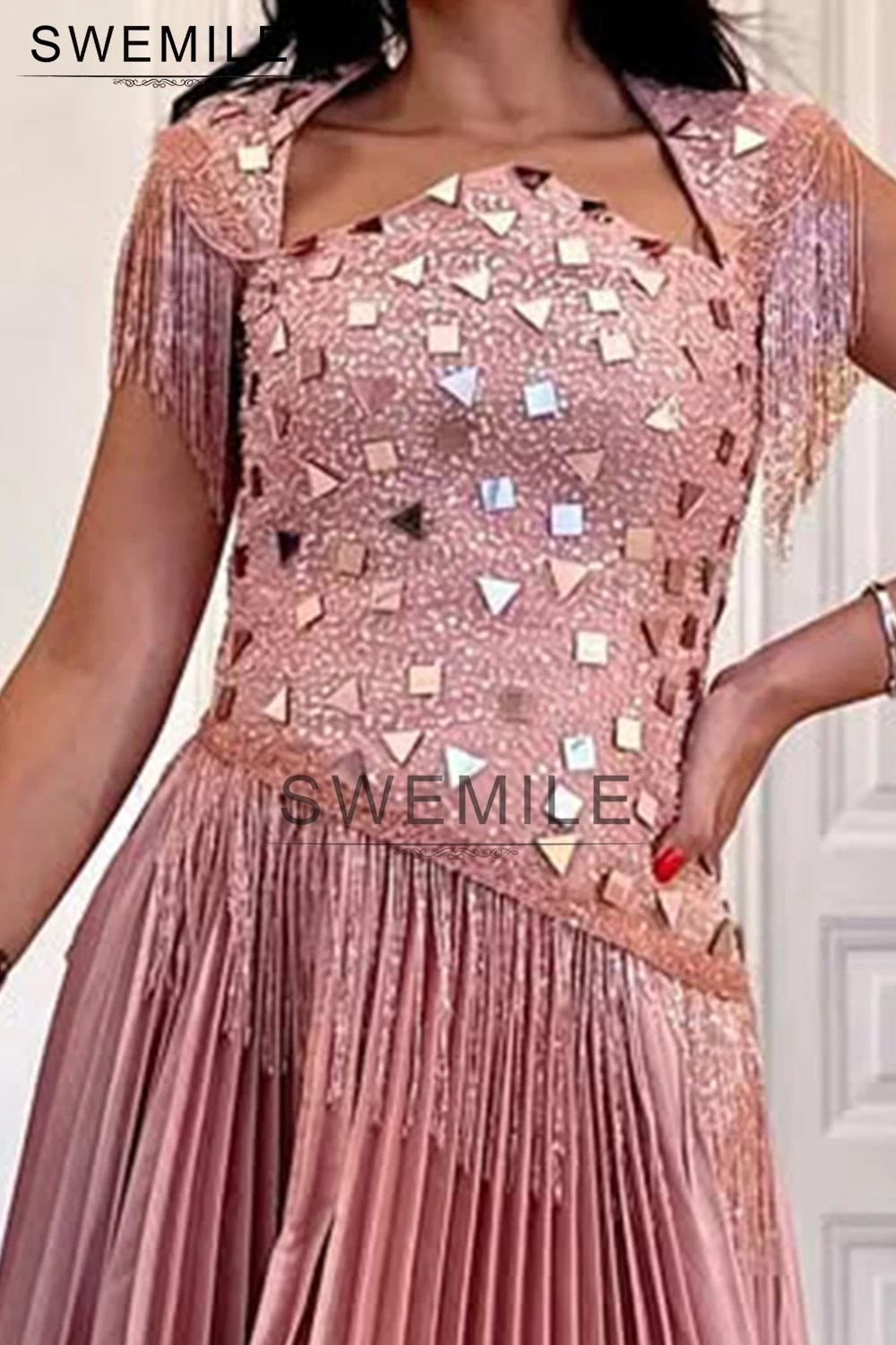 SWEMILE Saudi Rosa Pailletten A-Linie Falten Abendkleid Perlen Quaste Cape Ärmel Bodenlangen Ballkleider Elegante Partykleider