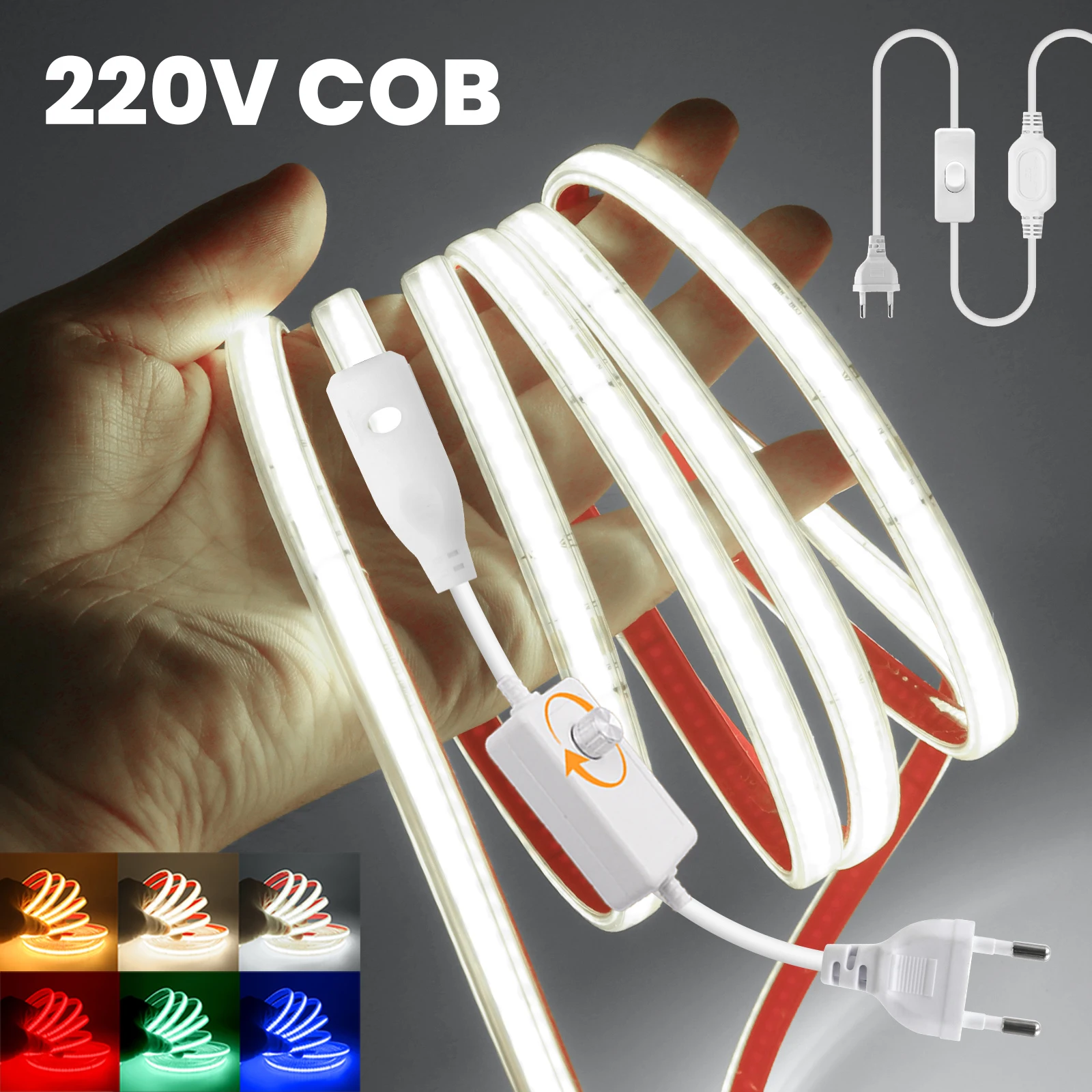 220V Dimmable LED Strip Light Dimmer/Switch EU Power Kit Bright 240LED Waterproof Flexible Ribbon Tape White Red Green Blue Warm
