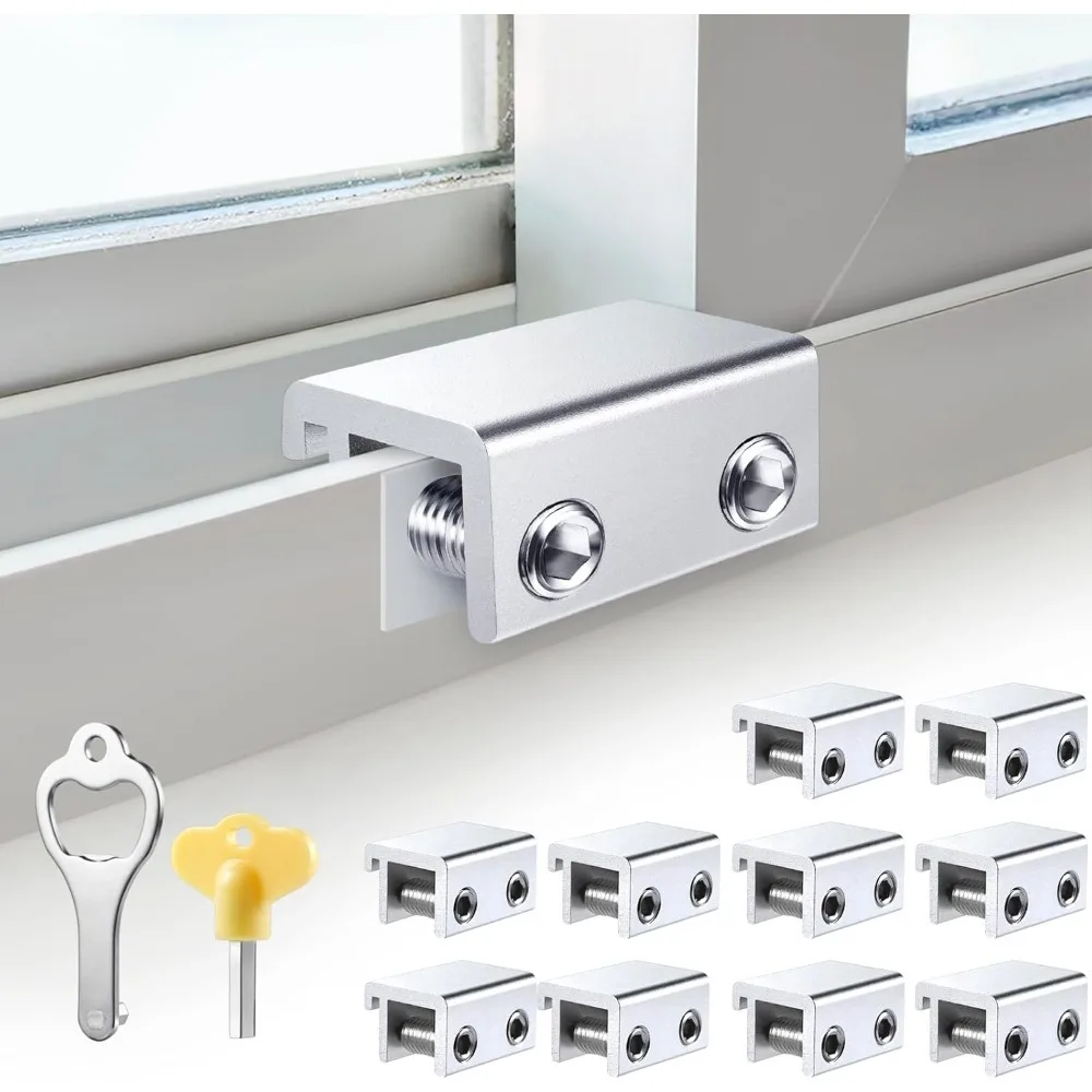 8/6/4 Sets Window Locks for Vertical and Horizontal Windows, Adjustable Aluminum Window Stoppers, No-Drill Install