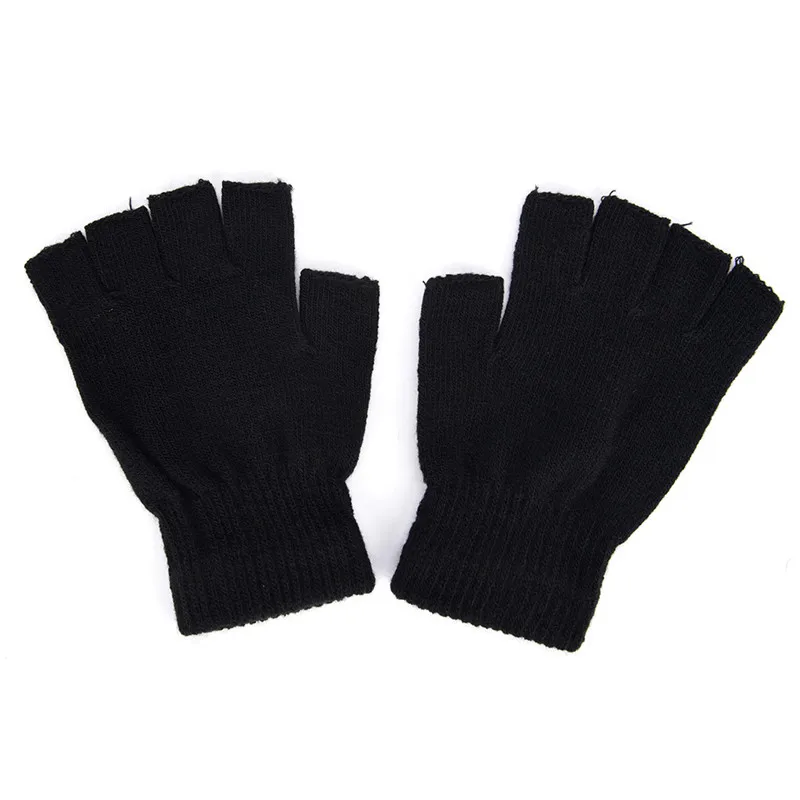 1Pair Black Half Finger Fingerless Gloves For Women And Men Wool Knit Wrist Cotton Gloves Winter Warm Workout Gloves