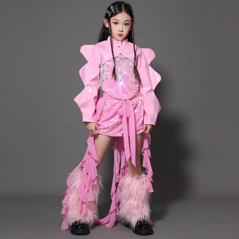 2026 Bambini Costumi di danza jazz per ragazze Gruppo Rosa Paillettes Kpop Abiti Sala da ballo Hip Hop Abiti per spettacoli di danza XH3974