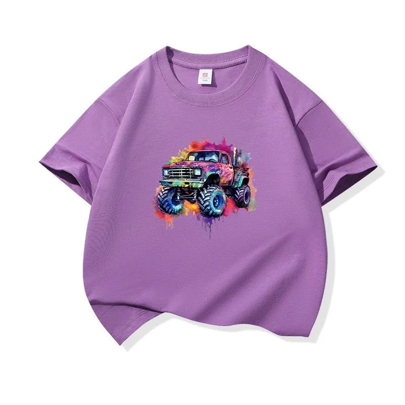 

Kids Cotton T Shirt Cute Doodle Off-road Vehicle Print Crew Neck Short Sleeve Tee Casual Boys Girls Summer Tops