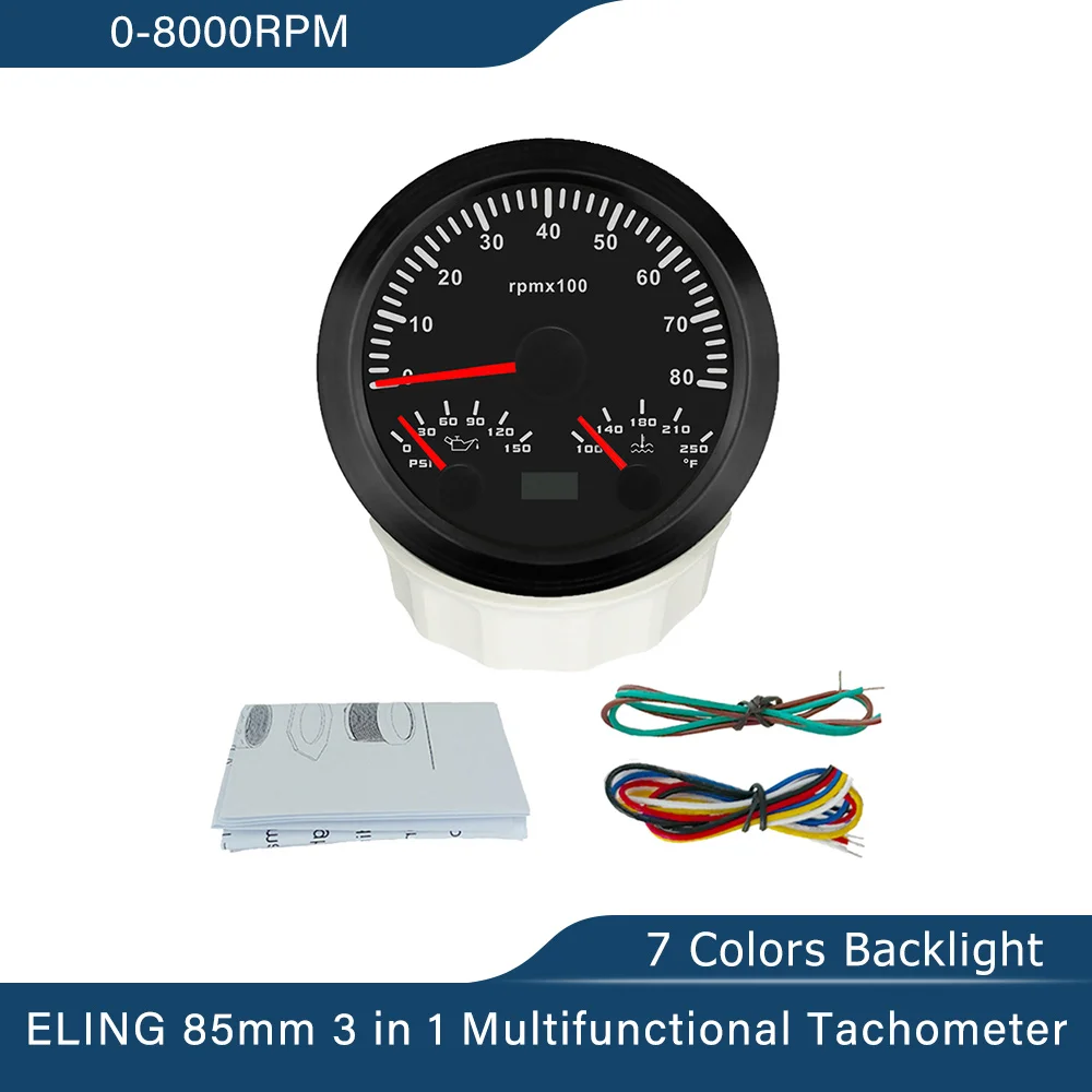 ELING Car SUV Trucks 85mm 3 in 1 Multifunctional 0-6000RPM 0-8000RPM Tachometer with Oil Pressure Water Temp 7 Colors Backlight