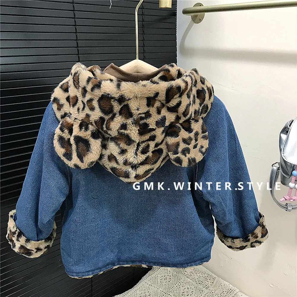 

Autumn Winter Children Girl Outerwear Leopard Ear Infant Baby Girl Hooded Jacket Thick Warm Zipper Splice Little Girl Denim Coat