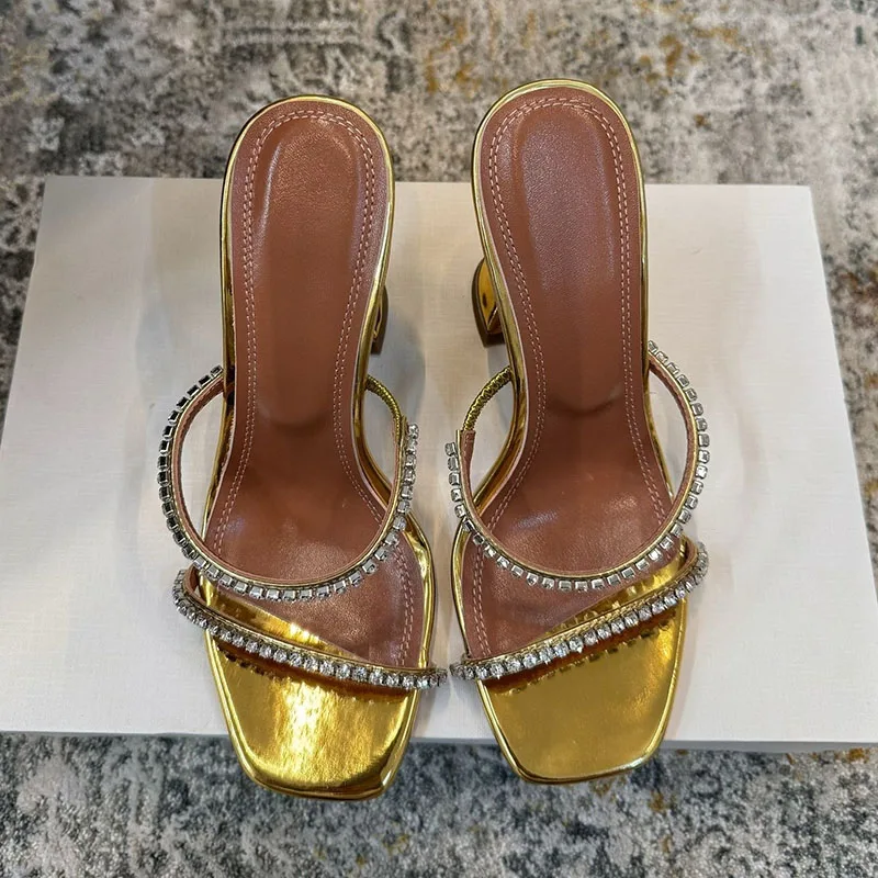 Cup High Heel Square Toe Slippers Women Shiny Leather Bling Bling Rhinestone Decor Narrow Band Sandals Summer Party Dress Shoes